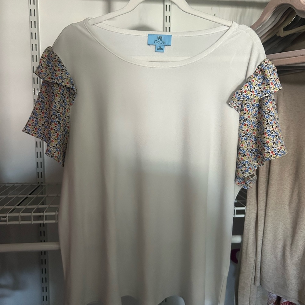 CeCe White Blouse with Floral Ruffle Sleeves